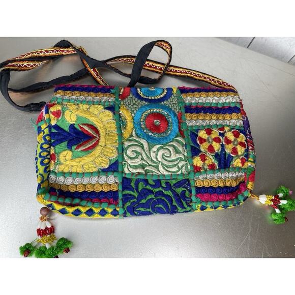 Vintage Boho Banjara Crossbody Handbag Festive Sequin Embroidery Coin Accent - Picture 6 of 9